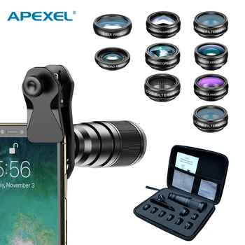  Комплект Телеобъективов APEXEL 22X для iPhone Samsung 10в1 Комплект Объективов Камеры Телефона с Широким Макро Фильтром Объектив для Аксессуаров Мобильных Телефонов