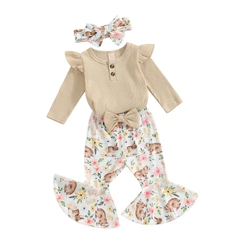  Пасхальный наряд для младенческой девочки из 3 предметов, однотонный комбинезон с длинными рукавами в рубчик, расклешенными штанами с цветочным принтом кролика и повязкой на голове