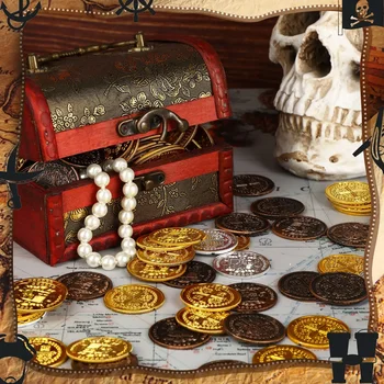  Пиратские монеты 2024 года, пластиковая поддельная монета для поиска сокровищ на Хэллоуин, подарок для детской вечеринки на День рождения, коллекция тематических вечеринок с пиратскими приключениями